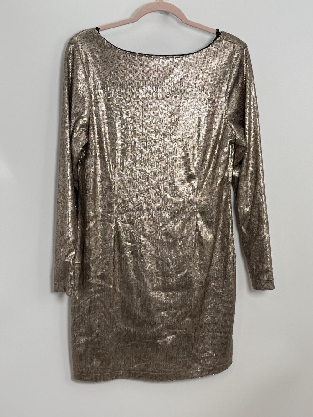 Kardashian Kollection Gold Sequin Shift Dress Sz L Scoop Neck Long Sleeve Flaw